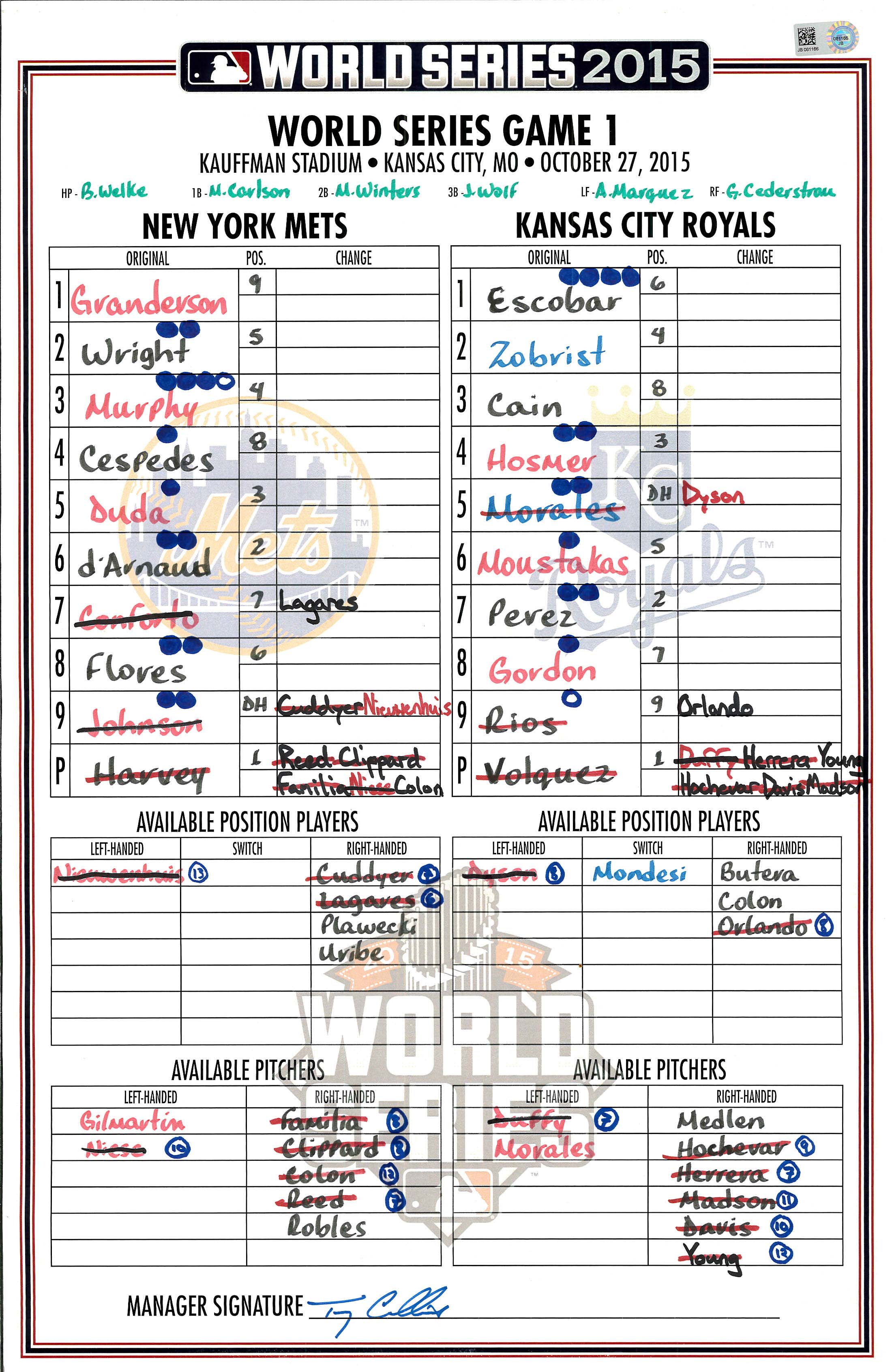 Lineup Card: 2015 WS Game 1 Goes 14 Innings - Mets History