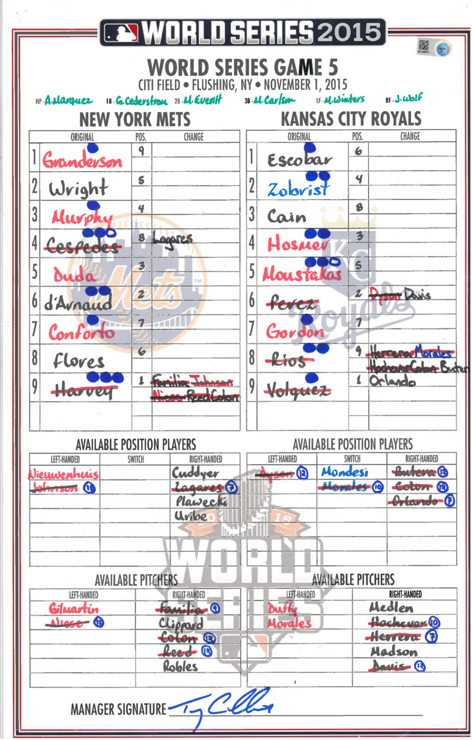 Lineup Card: Game 5 of the 2015 World Series