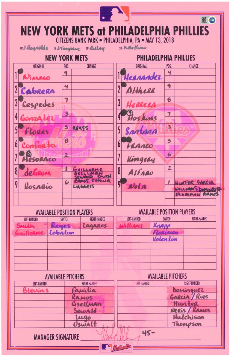 Lineup Card: Mets vs. Philadelphia Phillies (May 13, 2018)