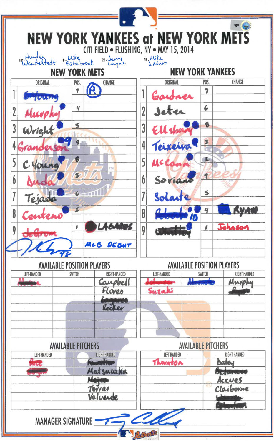 Lineup Card: Jacob deGrom's MLB Debut