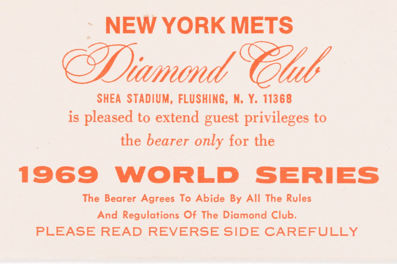 1969 World Series Game 5 Diamond Club Pass