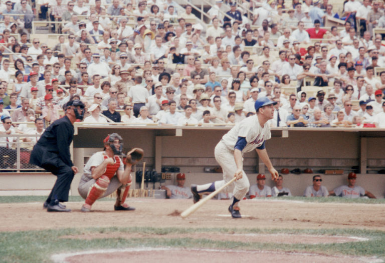 Ed Kranepool Prepares to Run After Hitting a Pitch