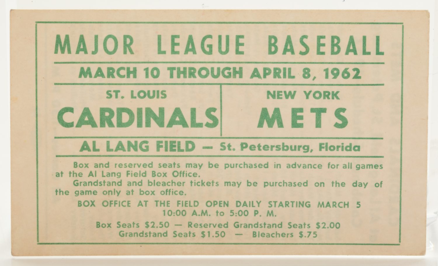1962 Spring Training Schedule at Al Lang Field