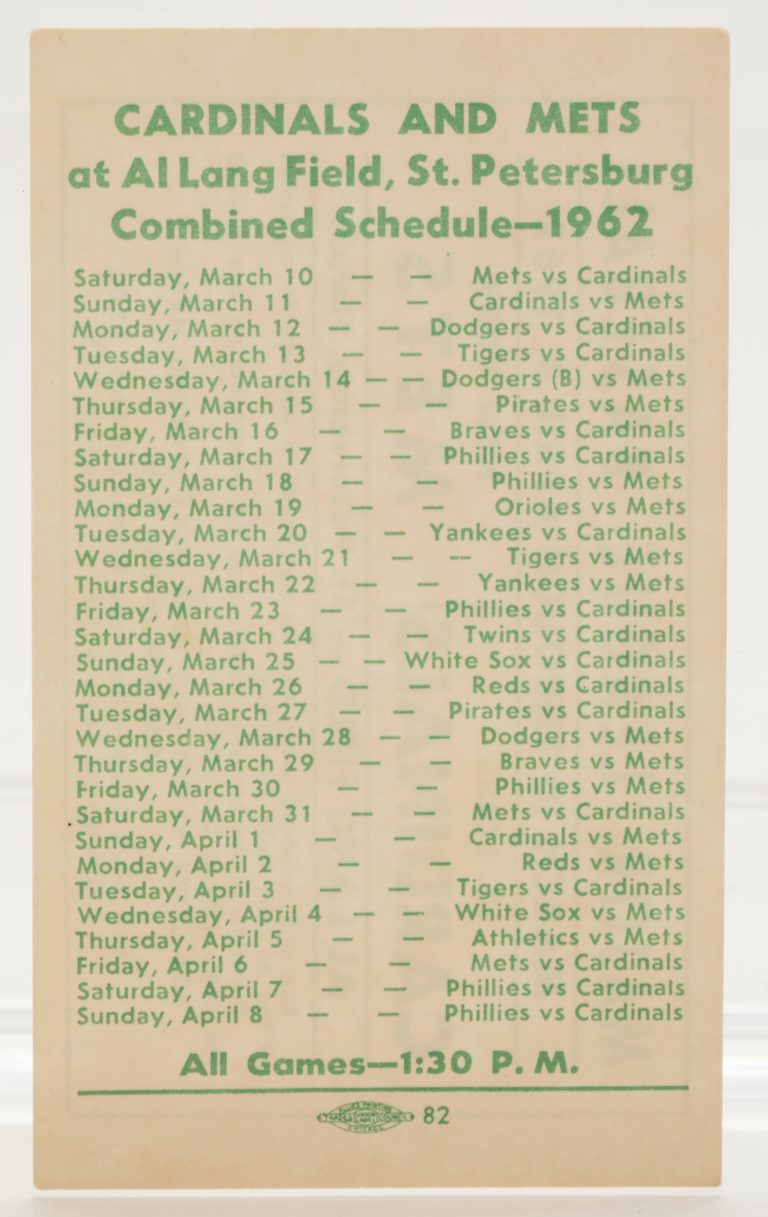 1962 Spring Training Schedule at Al Lang Field