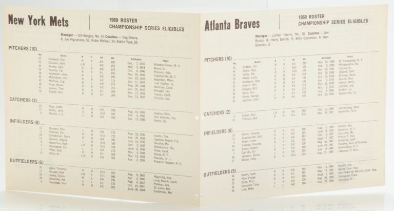 Mets-Braves Scorecard from 1969 NLCS - Roster Side