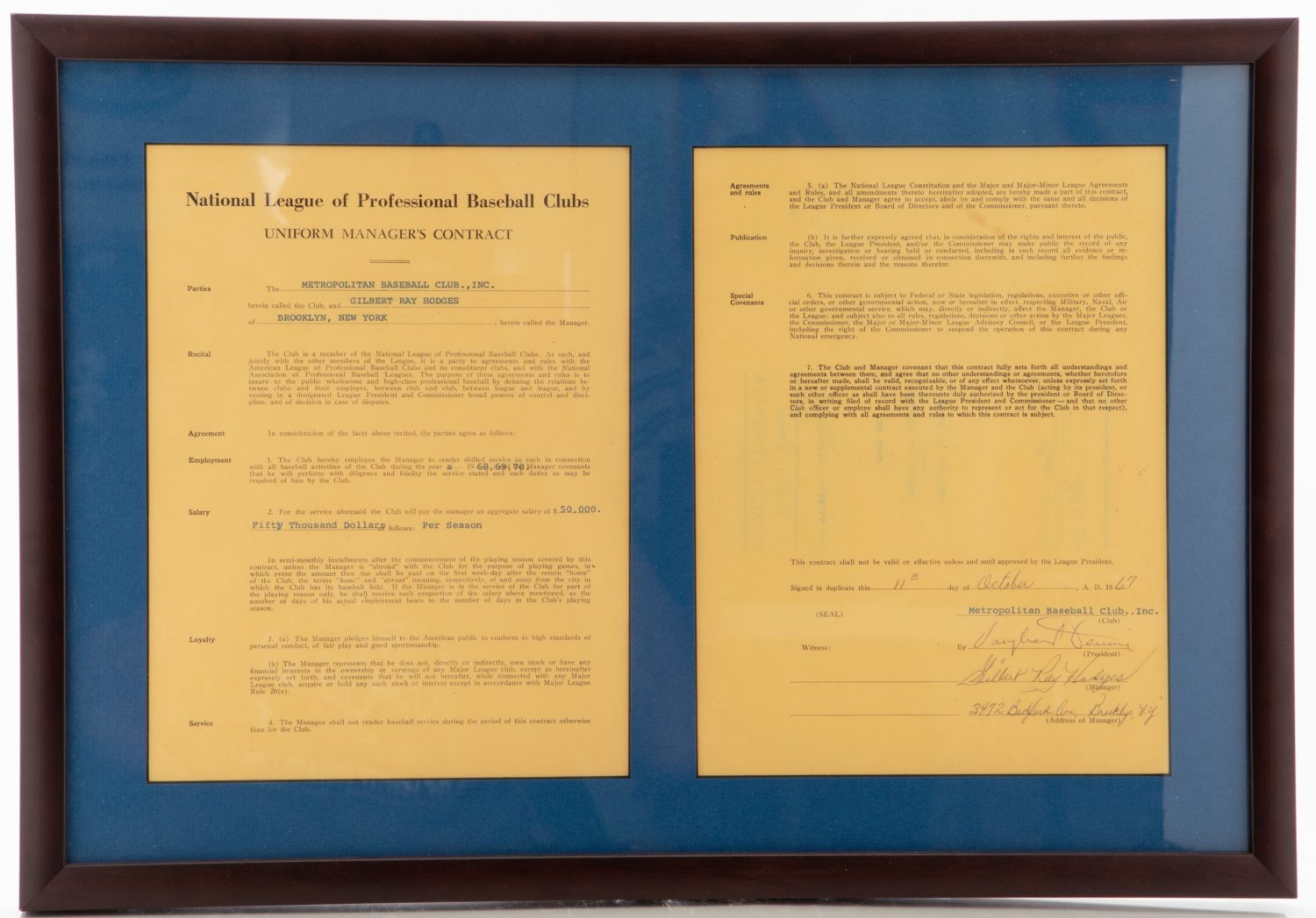 Gil Hodges Manager's Contract