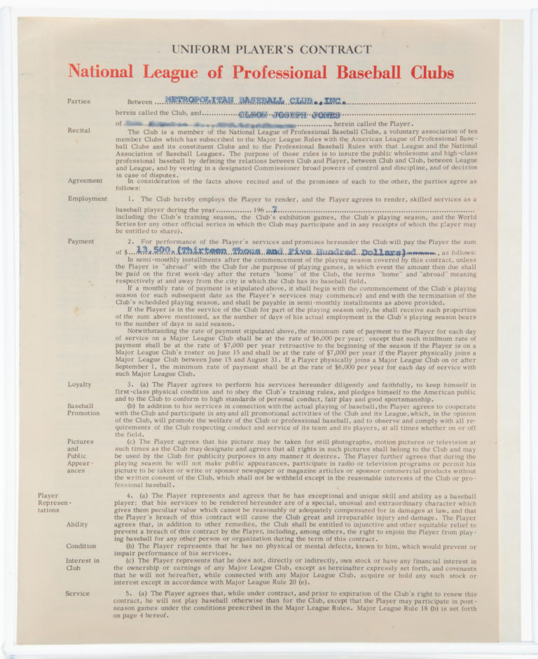 Cleon Jones 1967 Contract with New York Mets