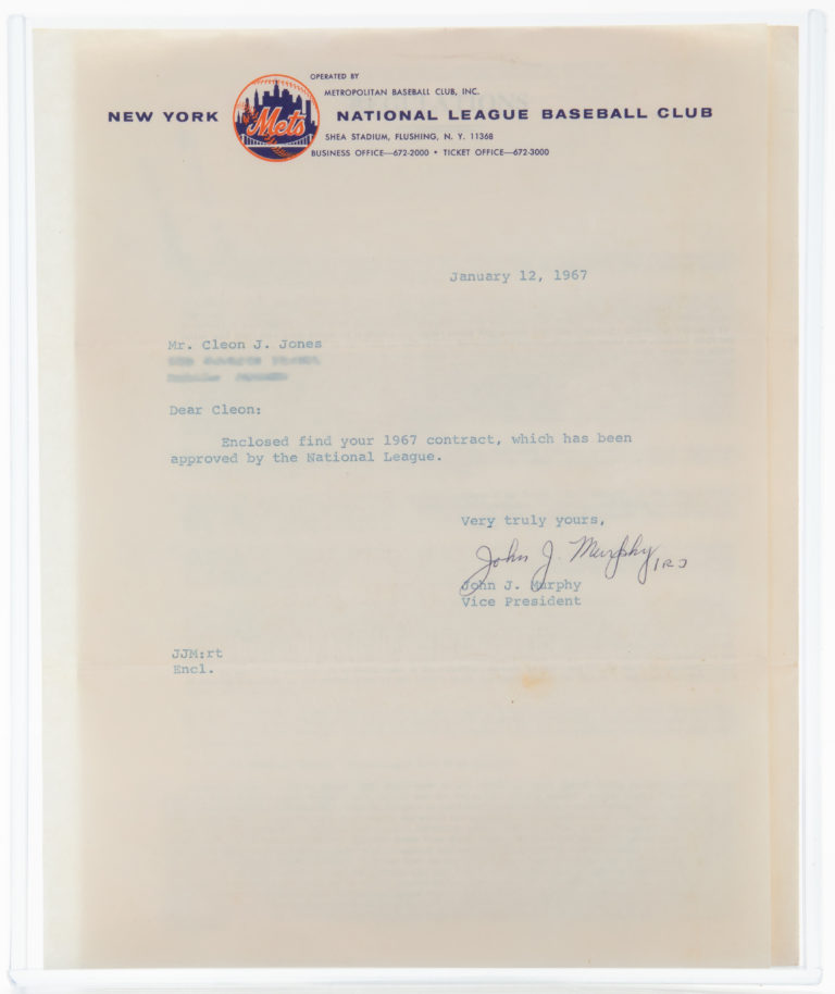 Cleon Jones 1967 Contract with New York Mets