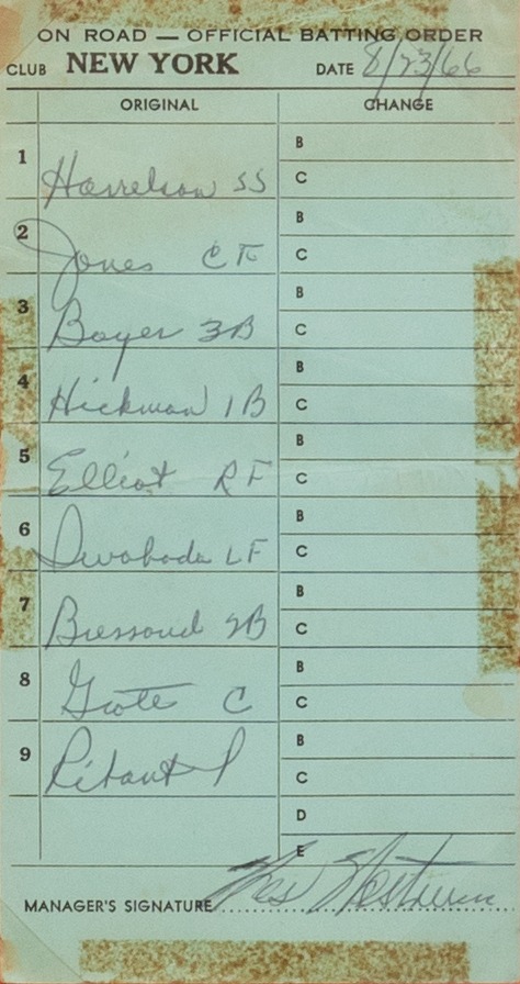 Lineup Card: 1966 Win Against the Chicago Cubs