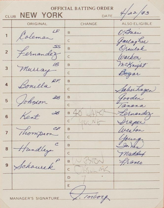 Lineup Card: Mets vs. San Francisco Giants (April 22, 1993)