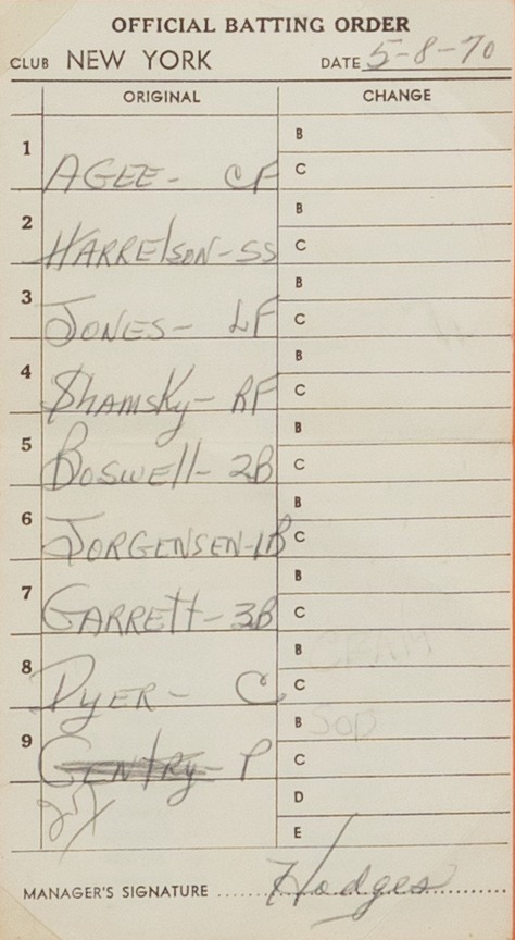 Lineup Card for Mets on May 8, 1970