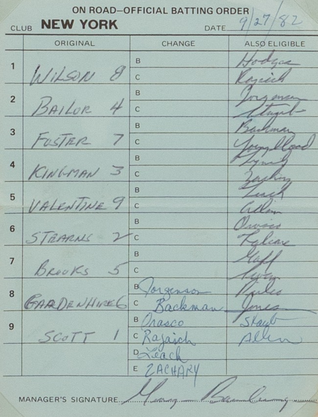 1982 Mets Lineup Card vs. St. Louis Cardinals