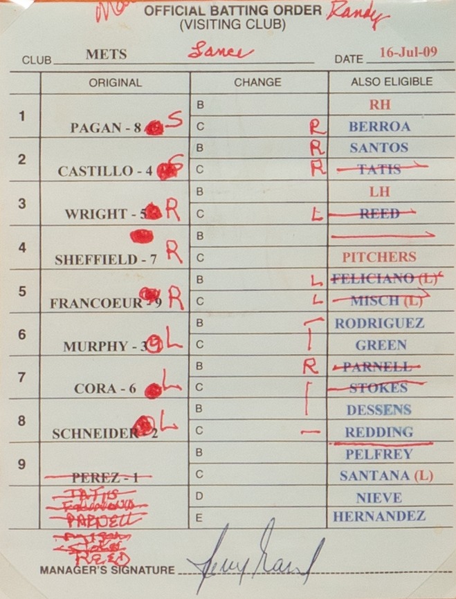 Lineup Card: Mets vs. Atlanta Braves (July 16, 2009)