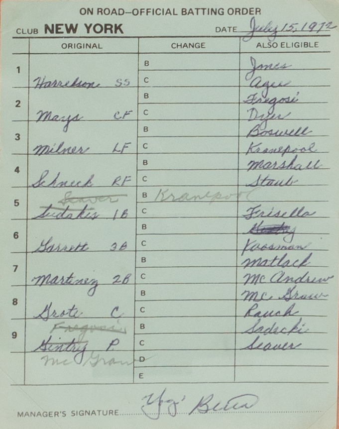 Yogi Berra's Lineup Card from 1972