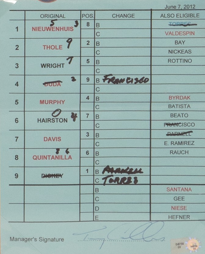 Mets Lineup Card vs. Washington Nationals - June 7, 2012