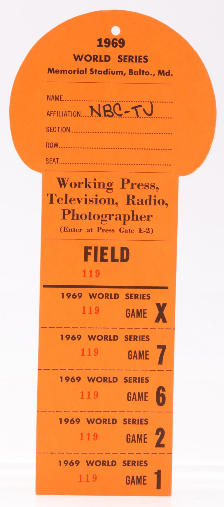 1969 World Series Baltimore Press Pass