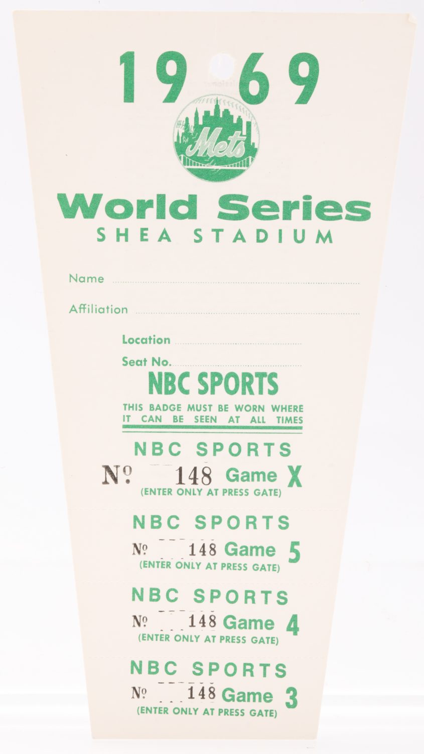 1969 World Series Press Pass at Shea Stadium