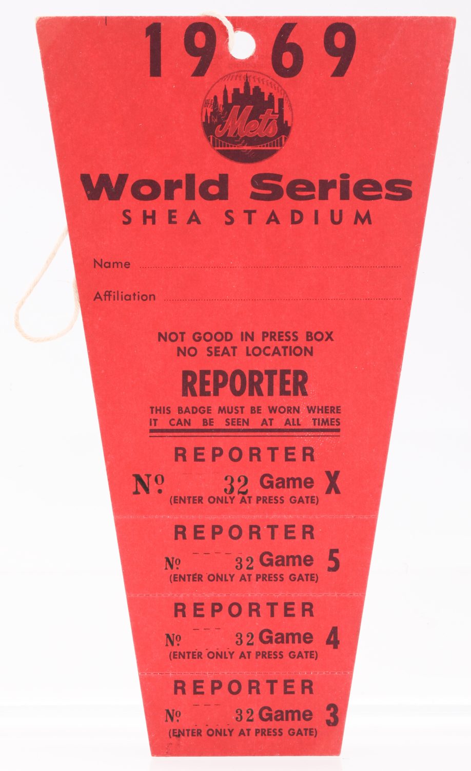 1969 Shea Stadium World Series Press Pass