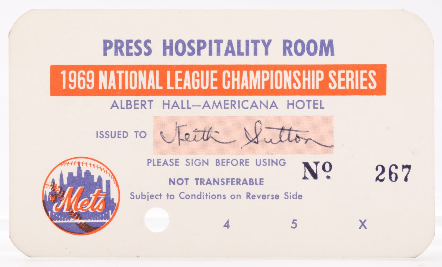 1969 NLCS Press Hospitality Room Pass