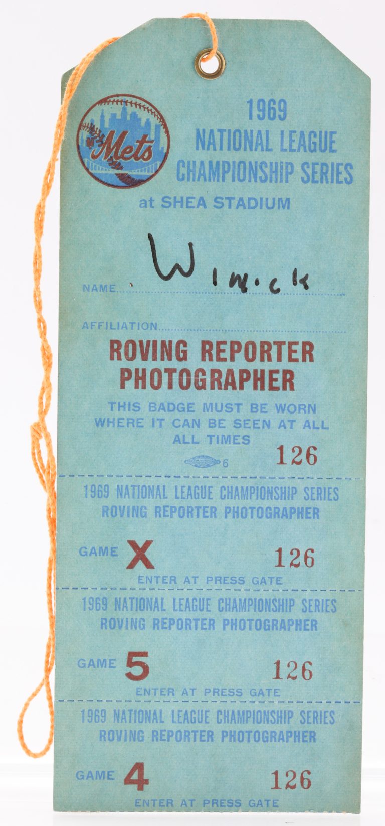 1969 NLCS Roving Reporter Photographer Pass
