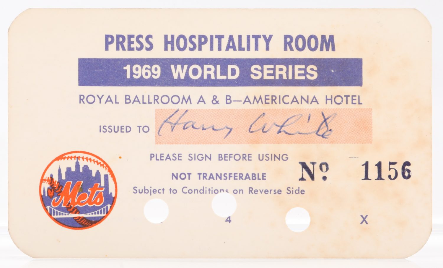 1969 World Series Press Hospitality Room Pass