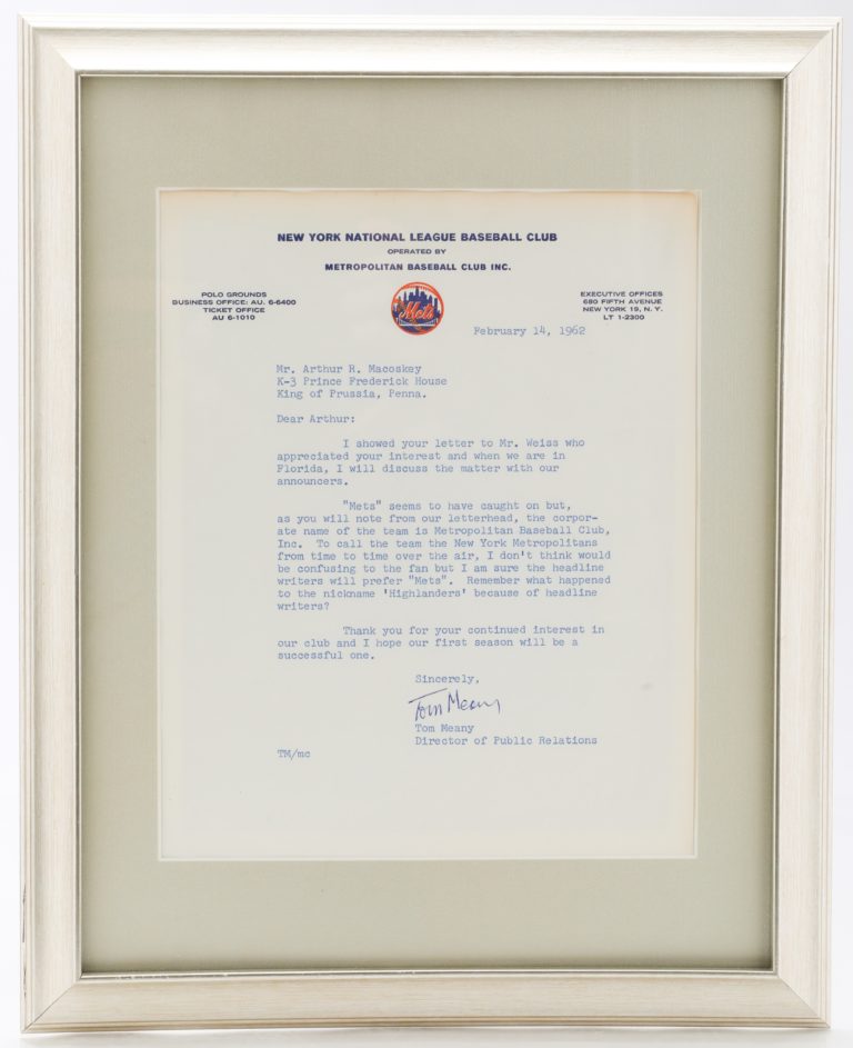 A typed document from Mets Public Relations Discussing the Corporate Name of the Mets - Metropolitan Baseball Club