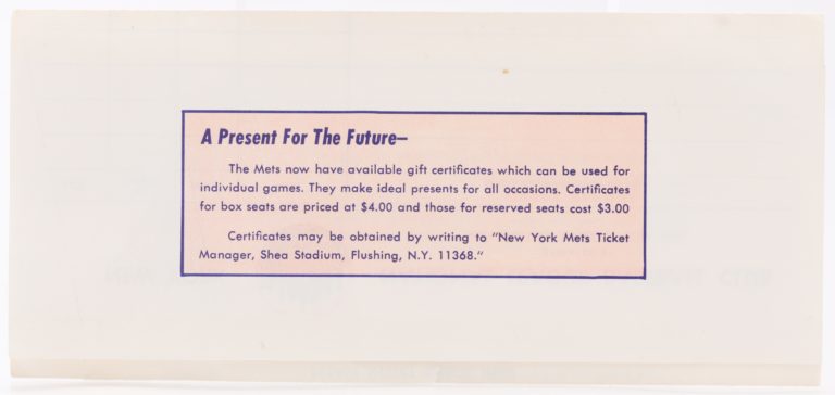 Vintage Mets Ticket Gift Certificate Order Form