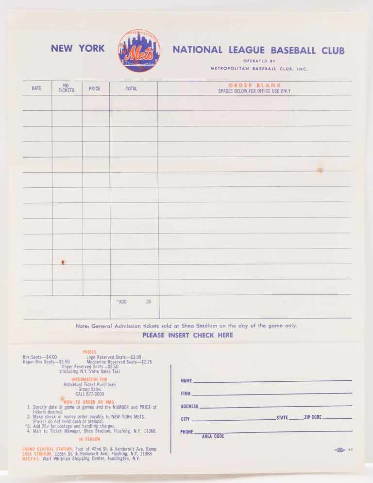 Vintage Mets Ticket Gift Certificate Order Form