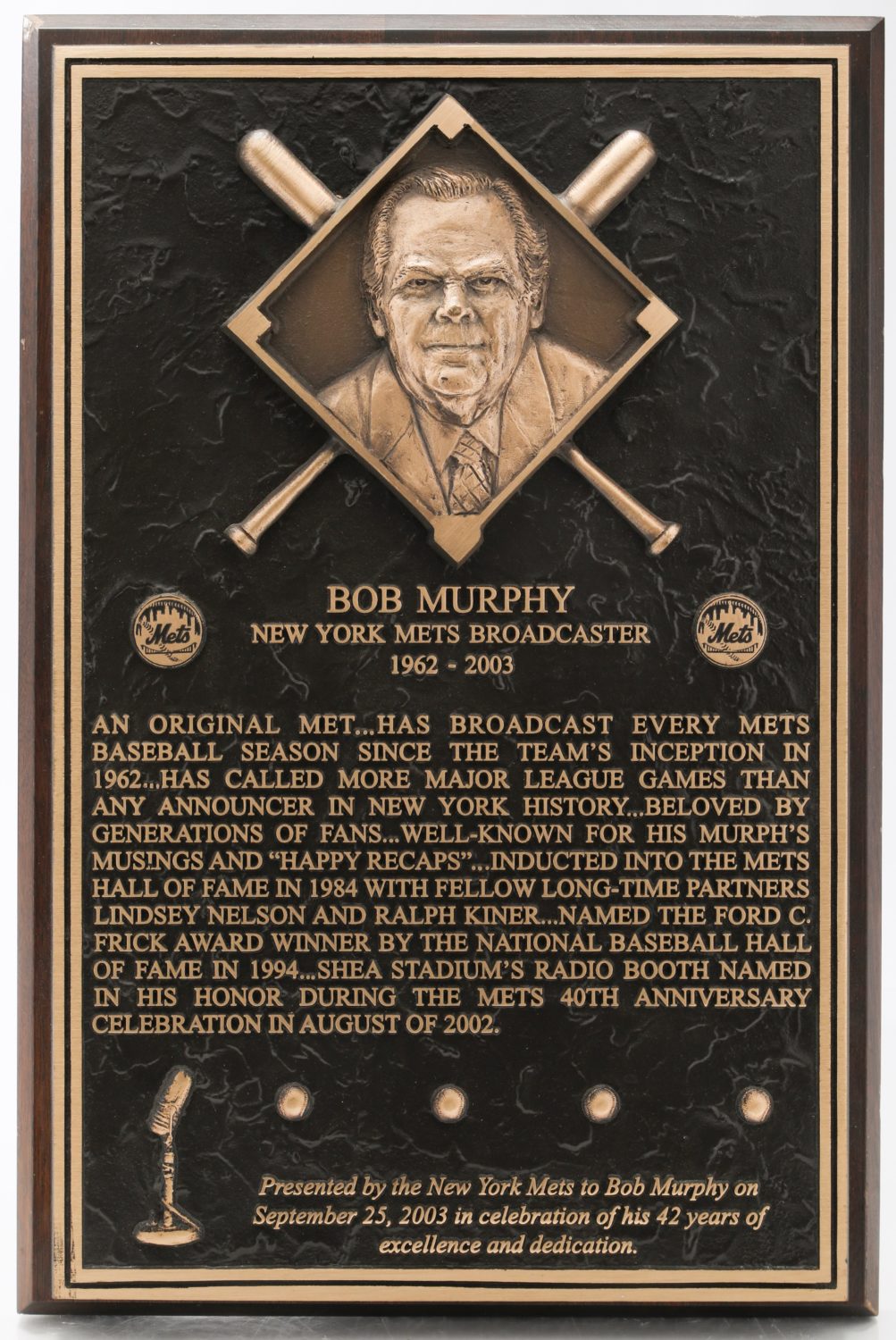 Plaque Honoring Bob Murphy for 42 Years of Broadcasting
