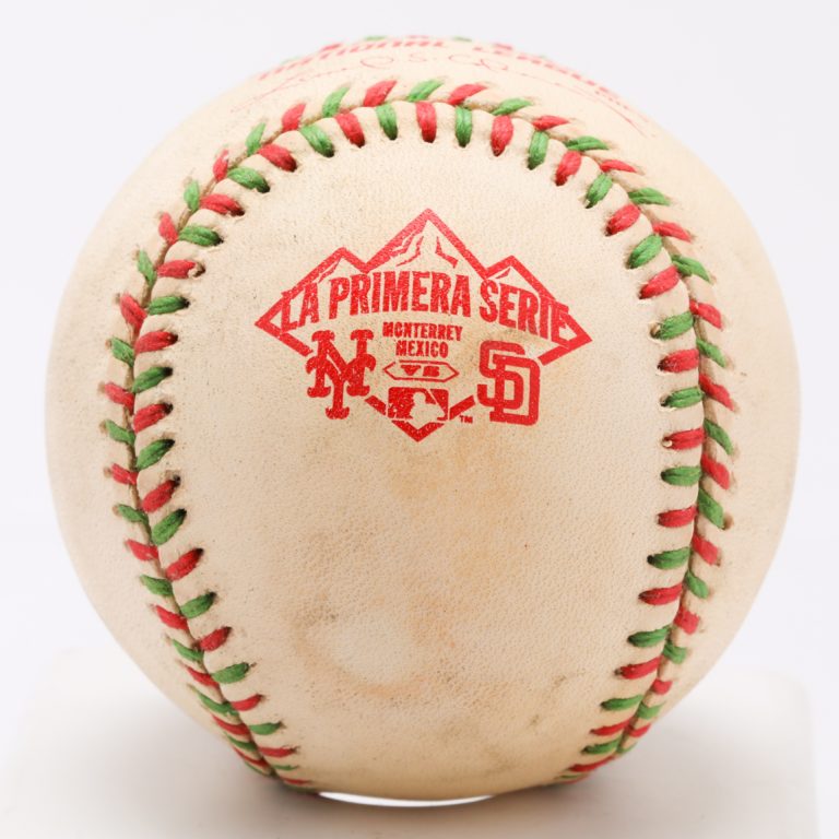 Baseball with Red and Green Stitching Used in La Primera Serie