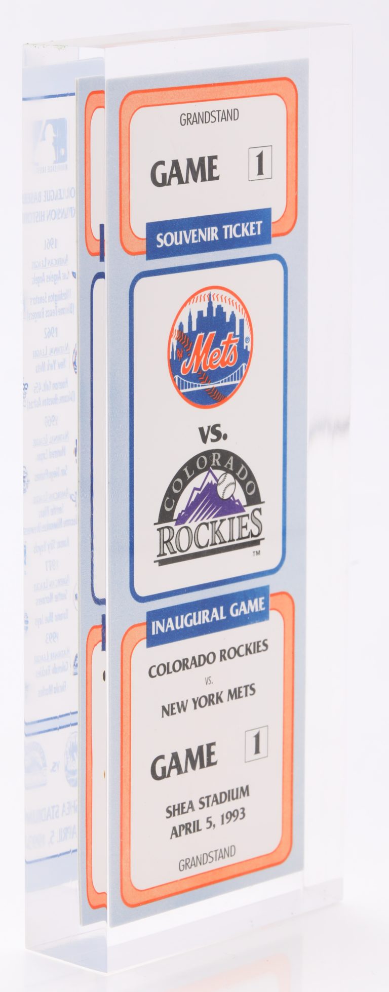 Encased Souvenir Ticket to Inaugural Rockies vs. Mets Game