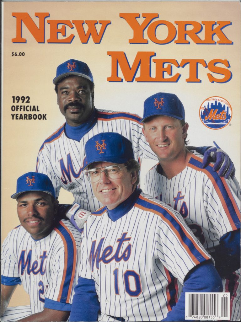 Cover of 1992 Mets Yearbook with Jeff Torborg, Bobby Bonilla, Bret Saberhagen and Eddie Murray