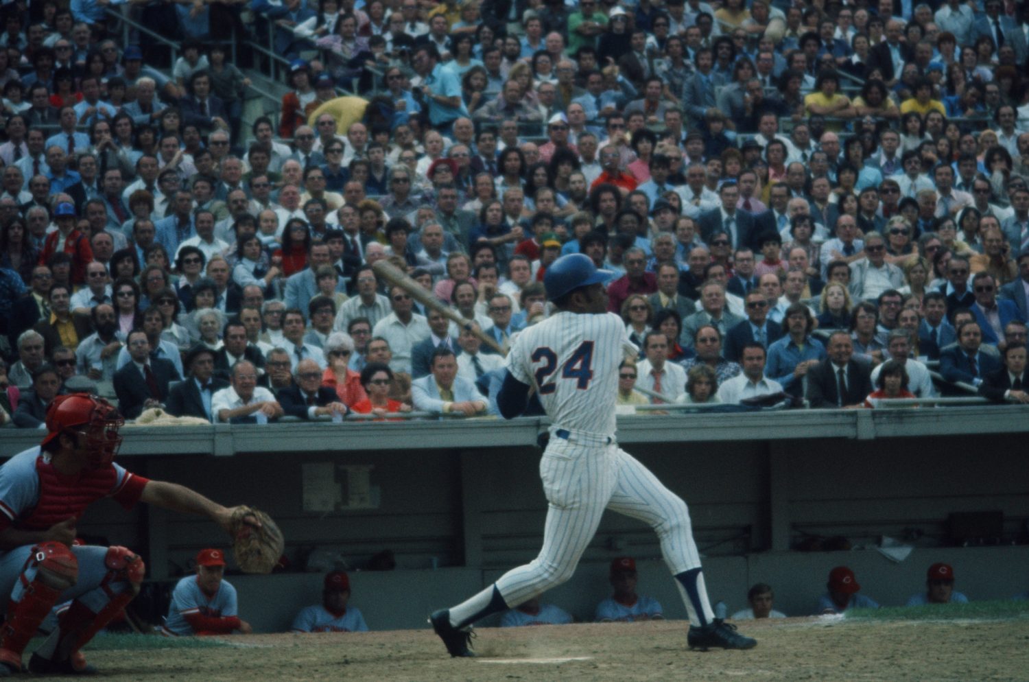 Willie Mays Hits a Pitch During Game 5 of 1973 NLCS
