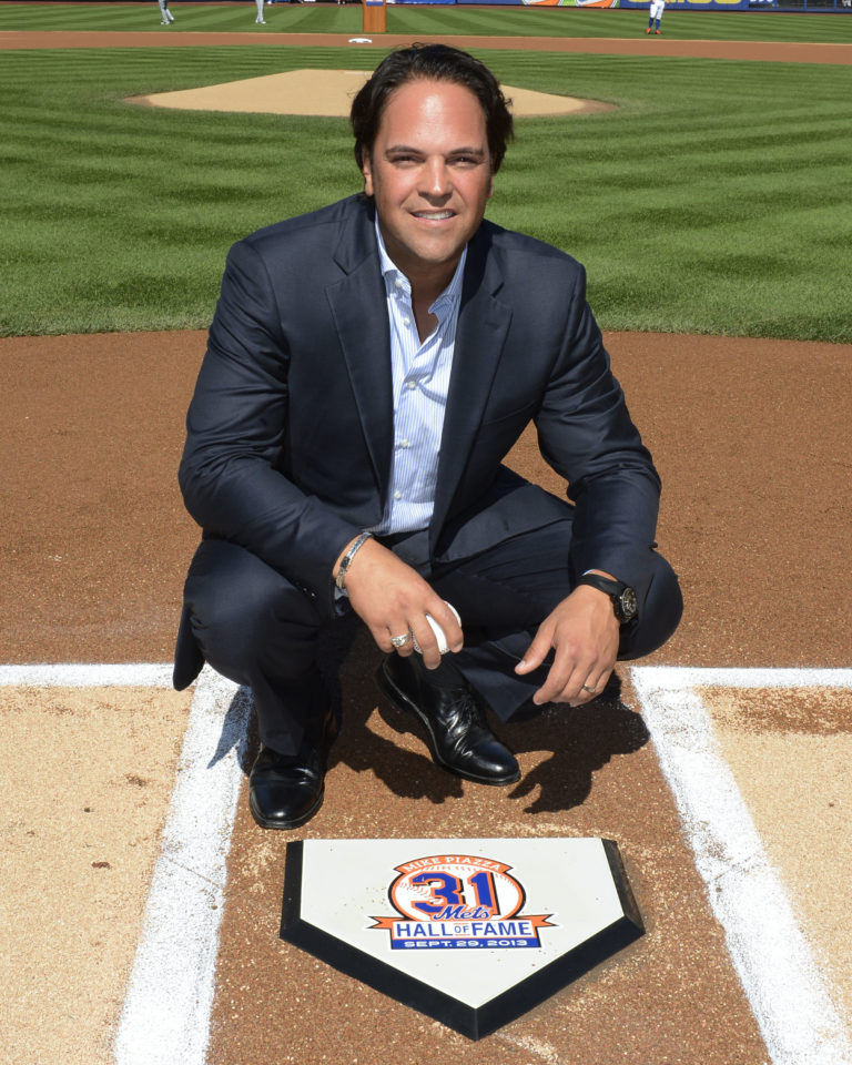 Piazza Poses Behind Home Plate in Mets HOF Induction