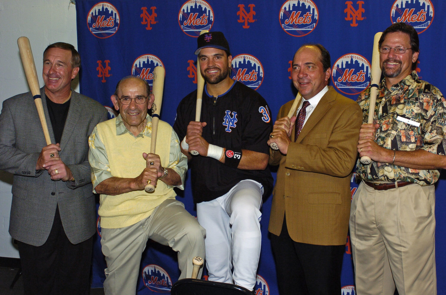 Mike Piazza Posing with Carlton Fisk, Gary Carter, Johnny Bench and Yogi Berra