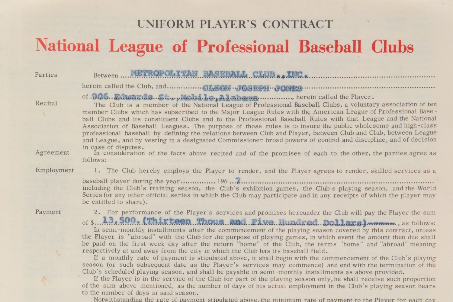 Cleon Jones 1967 Contract with New York Mets