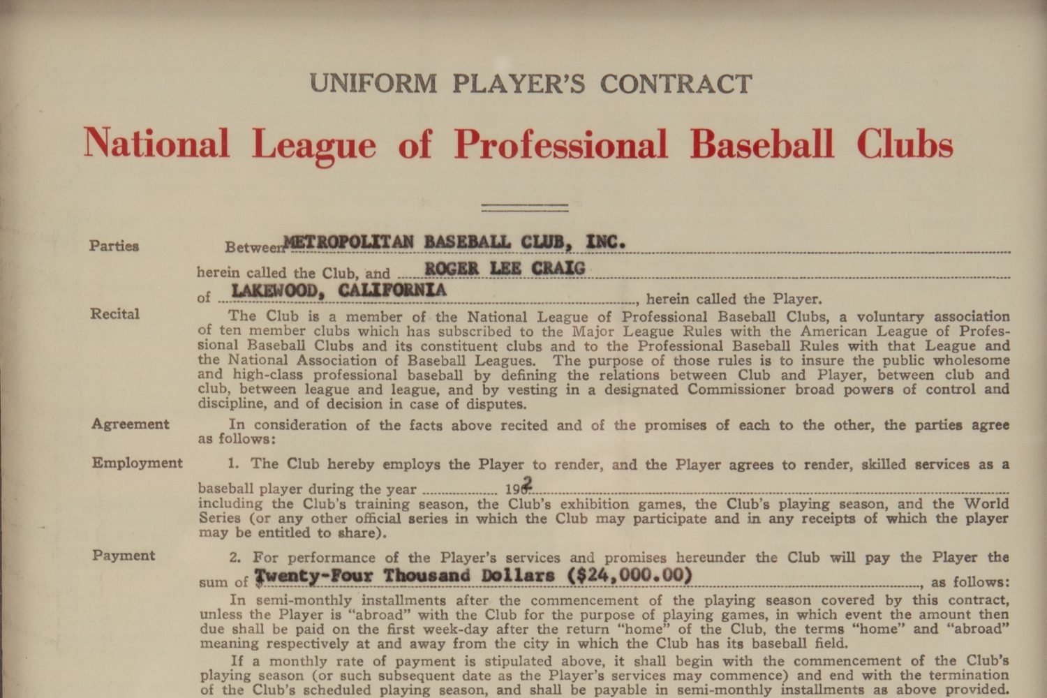 Roger Craig Contract with the New York Mets in Frame