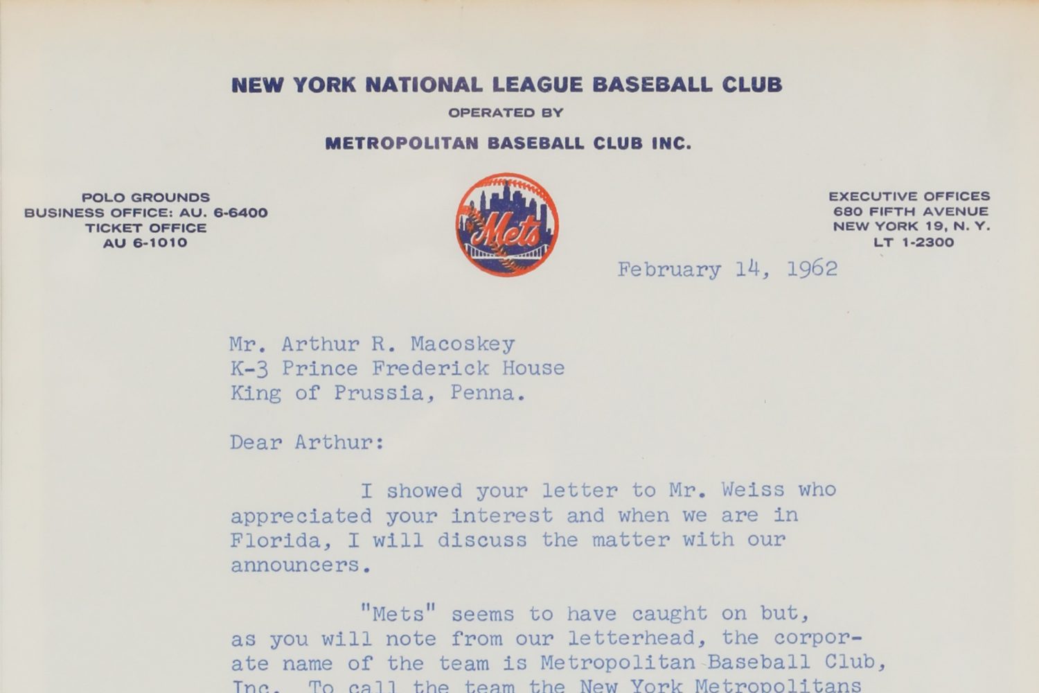 A typed document from Mets Public Relations Discussing the Corporate Name of the Mets - Metropolitan Baseball Club