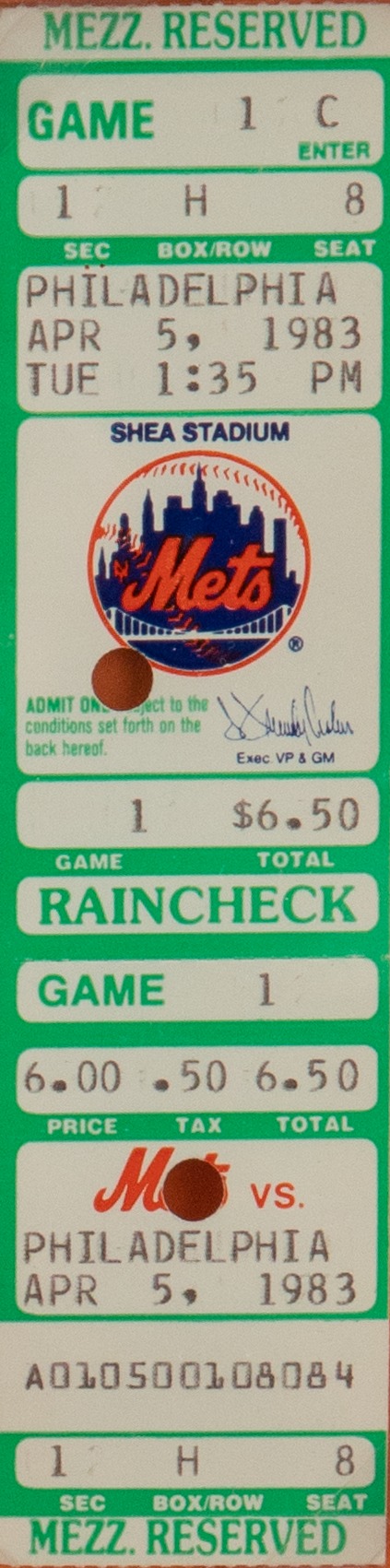 Ticket from Tom Seaver's Return to the Mets in 1983