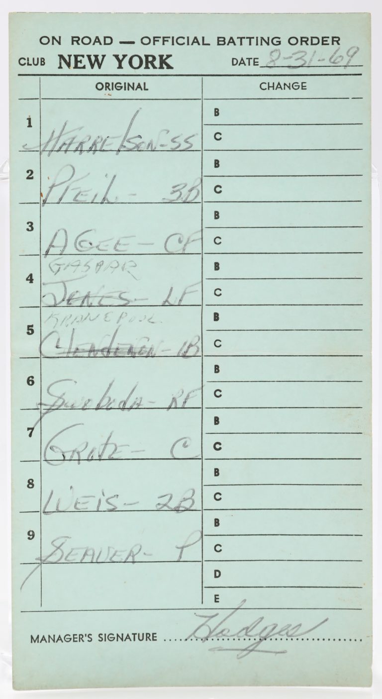 New York Mets Lineup Card vs. San Francisco Giants in 1969