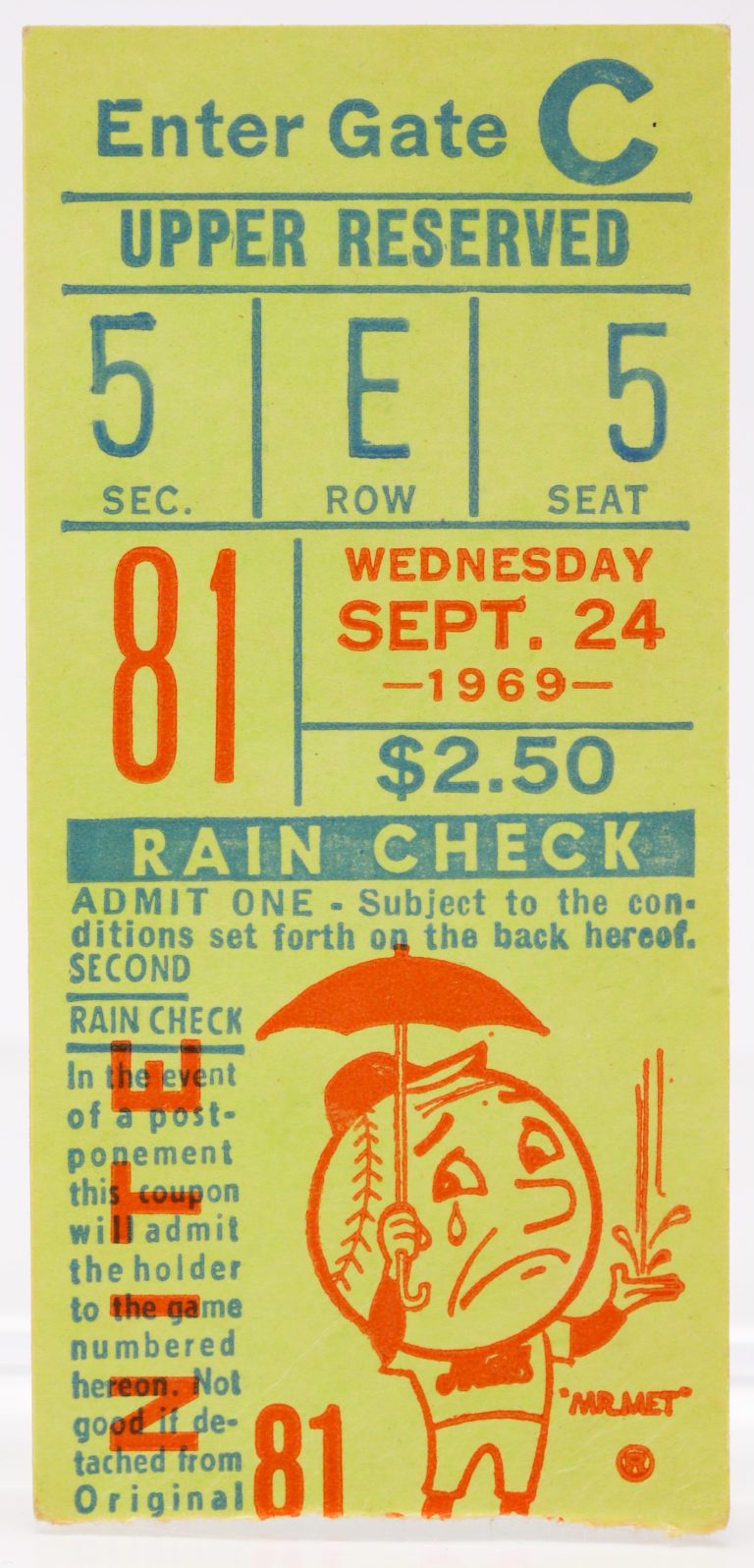 Ticket When Mets Clinched NL East in 1969