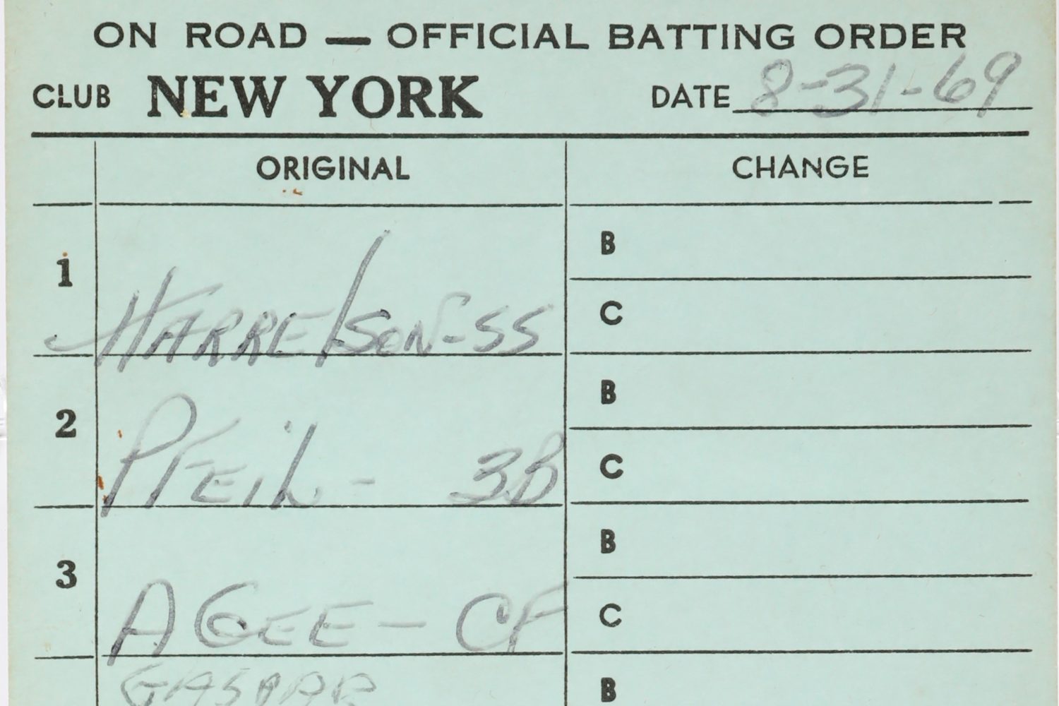 New York Mets Lineup Card vs. San Francisco Giants in 1969