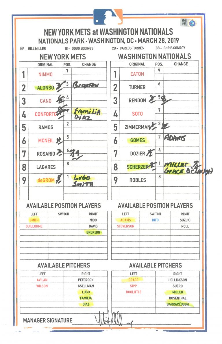 Lineup Card: Opening Day 2019