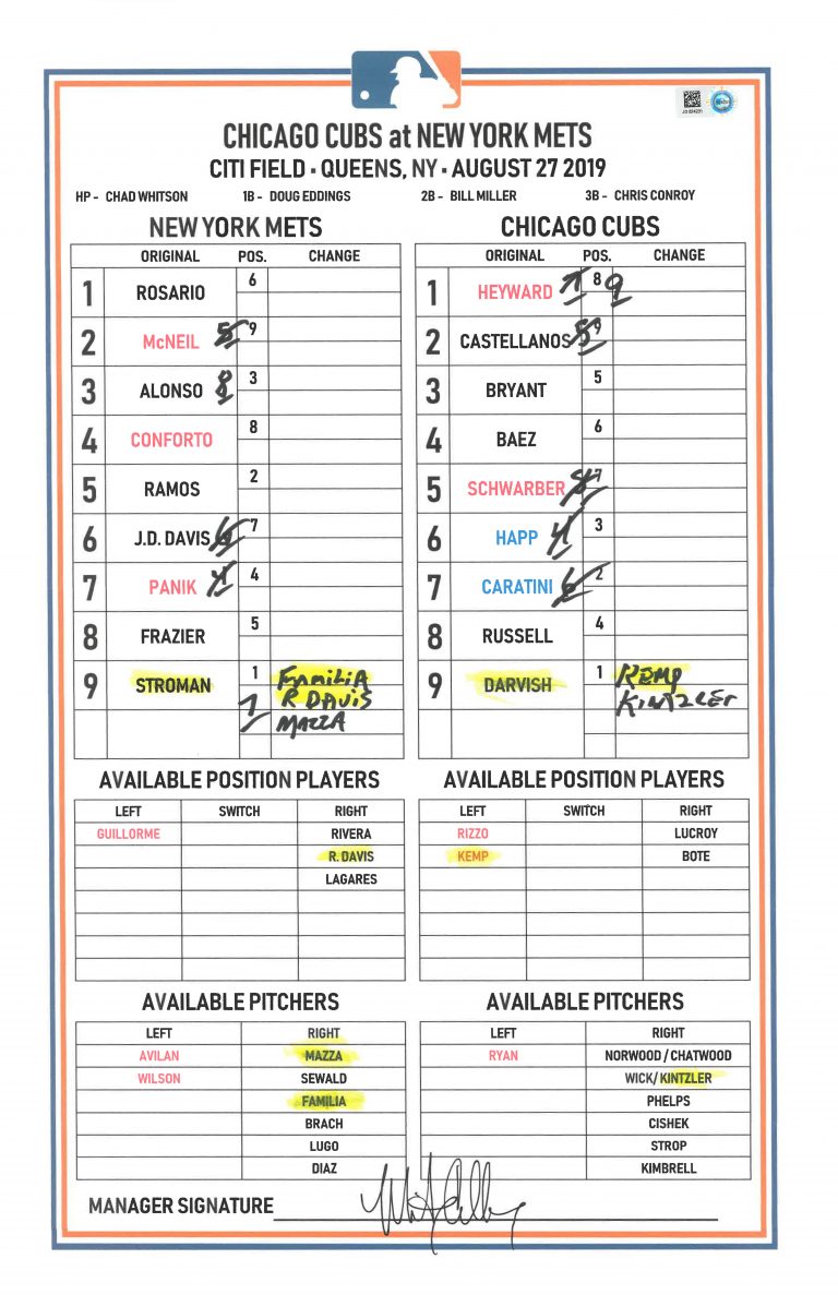 Lineup Card from Chicago Cubs vs. Mets on August 27, 2019