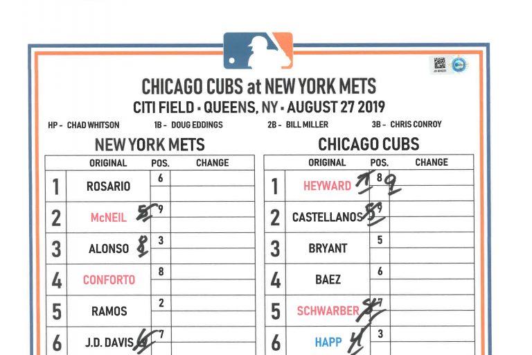 Lineup Card from Chicago Cubs vs. Mets on August 27, 2019