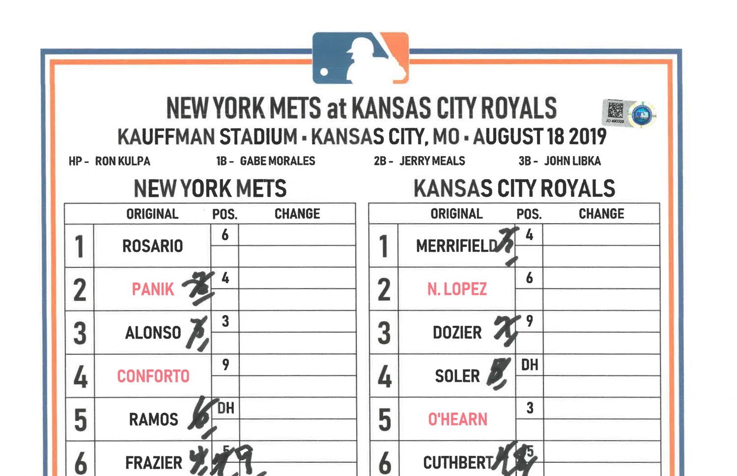 Lineup Card for Pete Alonso NL Rookie Home Run Record