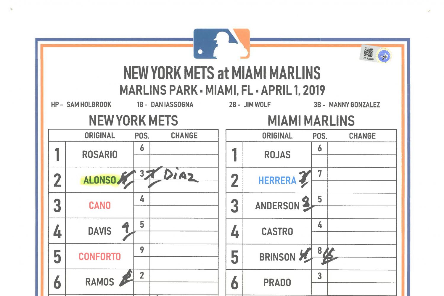 Lineup Card for Pete Alonso's First Home Run