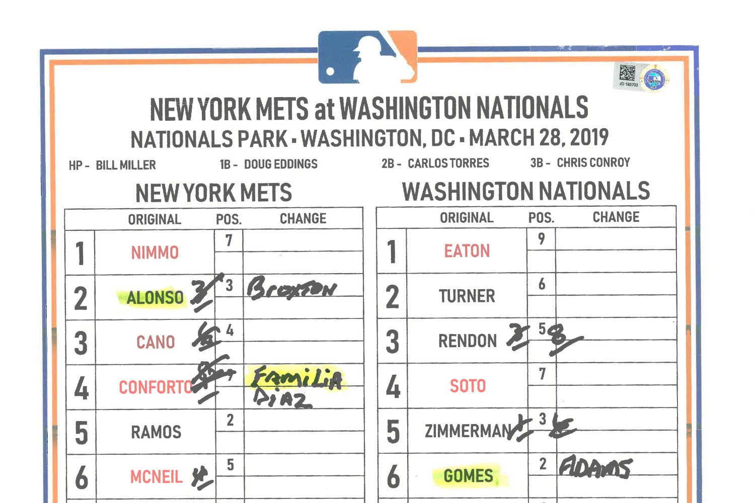 Lineup Card: Opening Day 2019