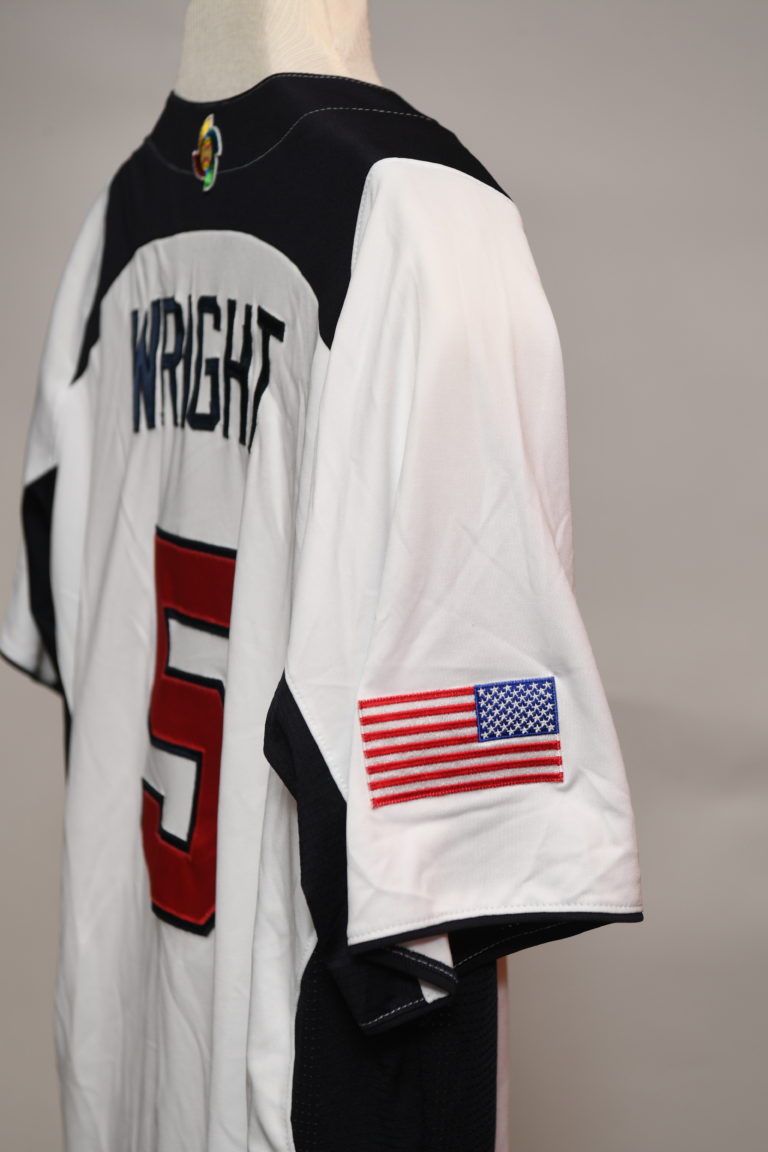 Close-up of American flag patch on jersey sleeve